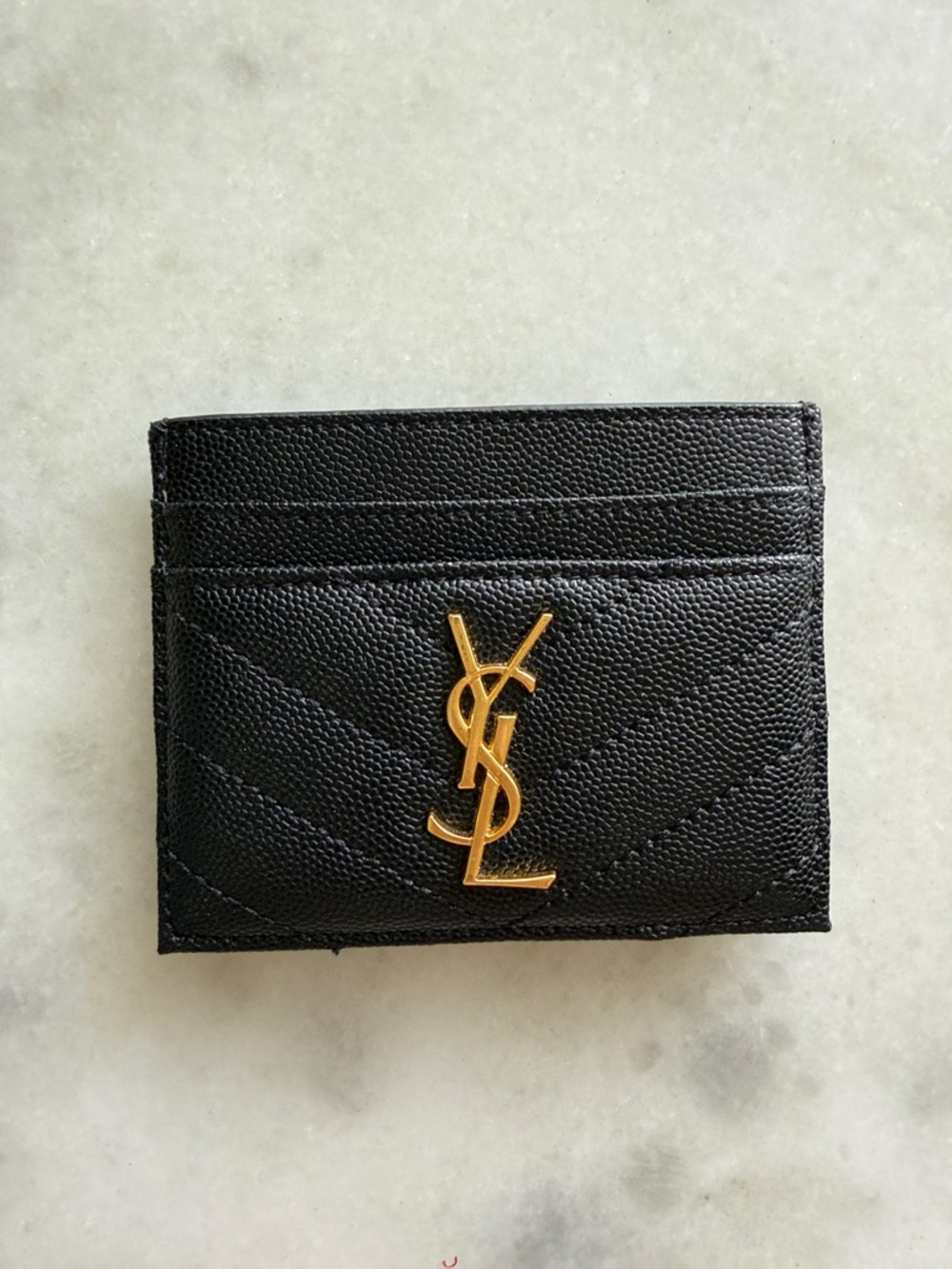 Black Quilted Card Holder with Gold Logo Emblem